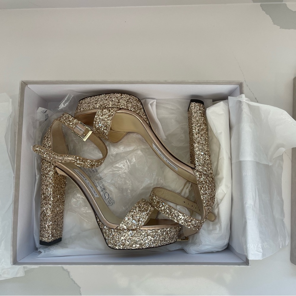 Authentic Jimmy Choo Gold Holly Coarse Glitter Heels - Size 8 US Women